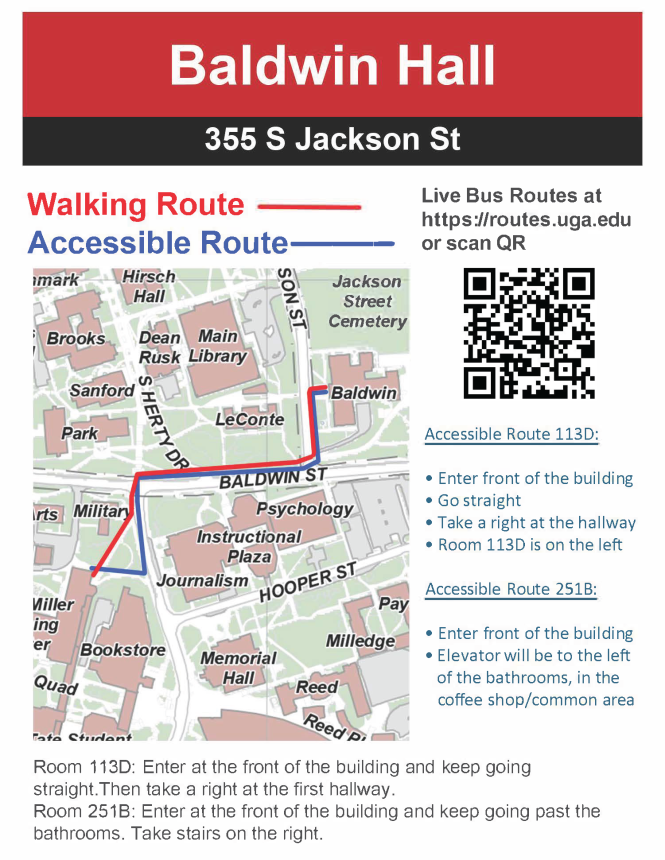 Map describing best path to Baldwin Hall - for additional assistance call 706-542-1412