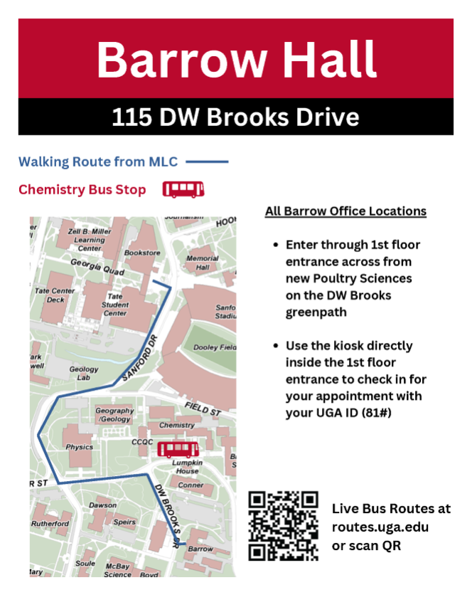 Map describing best path to Barrow Hall - for additional assistance call 706-542-1412