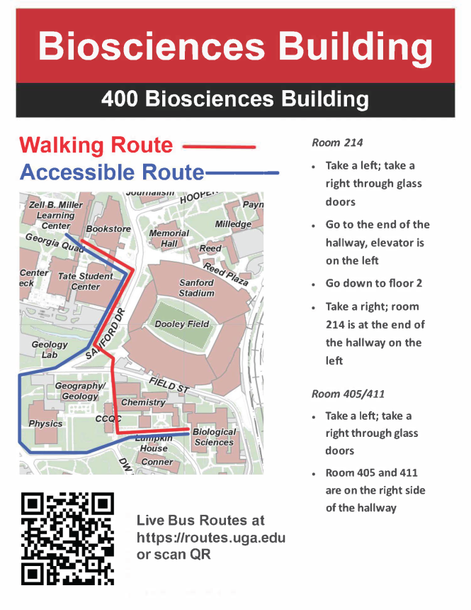 Map describing best path to Biosciences Building - for additional assistance call 706-542-1412