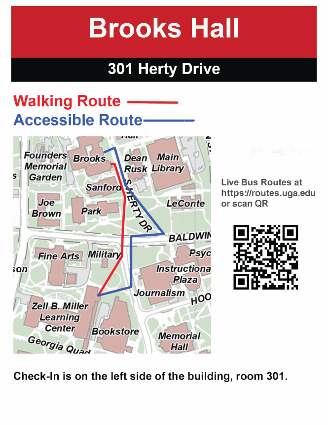 Map describing best path to Brooks Hall - for additional assistance call 706-542-1412