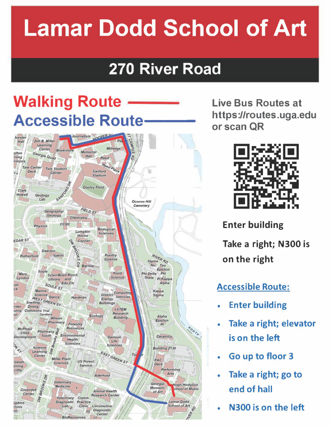 Map describing best path to Lamar Dodd School of Art - for additional assistance call 706-542-1412